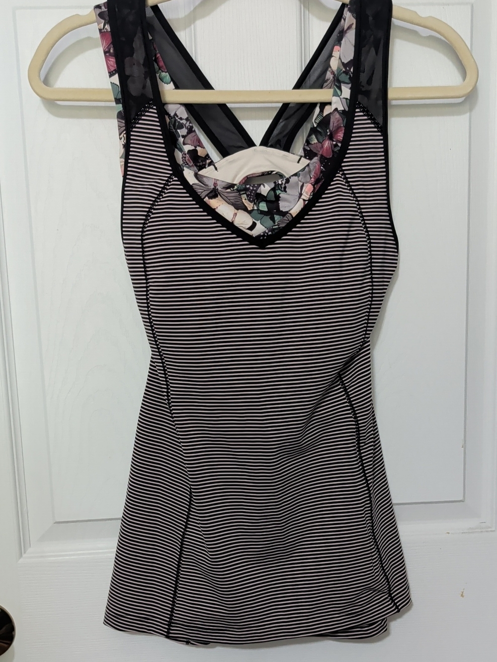 lululemon athletica Black and White Striped Athletic Tank with Floral Trim